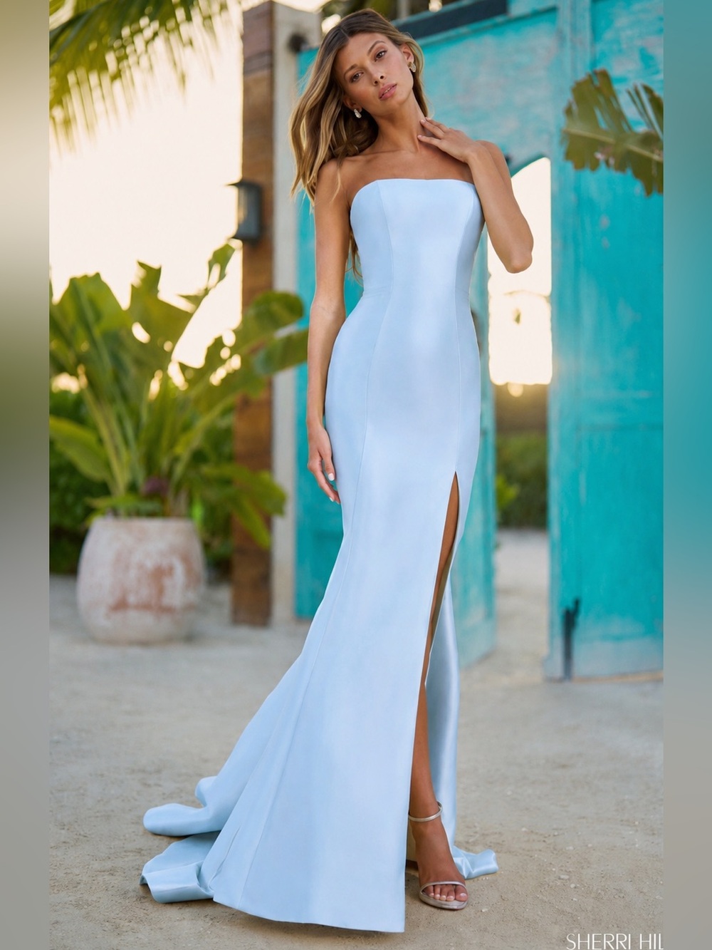 Sherri Hill Strapless mikado mermaid gown leg slit skirt Light Blue NWT formal